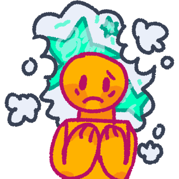 A yellow person with a worried and confused expression and holding their arms up in front of their chest. Behind them is a fragmented thought bubble with bright teal stars inside. The stars represent memories.